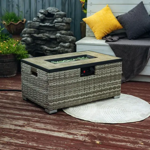 Alt view image 2 of 7 - 32" Propane Gas Fire Pit Table with Propane Tank Cover 2-Pieces, 50000 BTU Rectangular Steel Fire Pit with Beautiful Wicker Base for Outside Garden-Beige