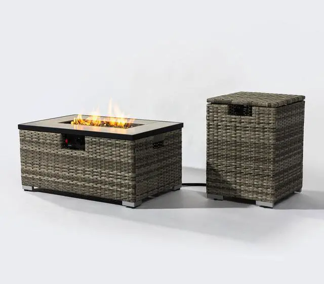 Alt view image 6 of 7 - 32" Propane Gas Fire Pit Table with Propane Tank Cover 2-Pieces, 50000 BTU Rectangular Steel Fire Pit with Beautiful Wicker Base for Outside Garden-Beige