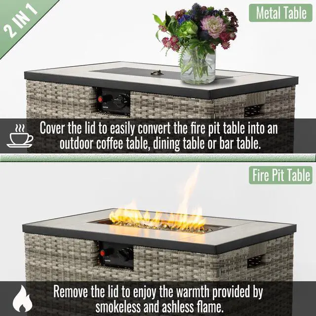 Alt view image 3 of 7 - 32" Propane Gas Fire Pit Table with Propane Tank Cover 2-Pieces, 50000 BTU Rectangular Steel Fire Pit with Beautiful Wicker Base for Outside Garden-Beige