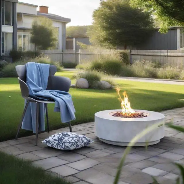 Alt view image 6 of 7 - 30" Propane Gas Fire Pit Table, 50000 BTU Round Concrete Fire Pit for Outside Patio Deck Garden Backyard- Light Gray