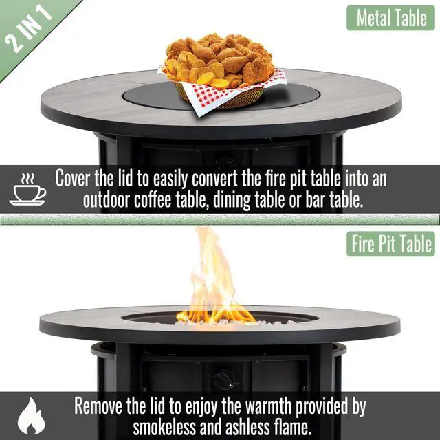 Alt view image 2 of 7 - 30" Propane Gas Fire Pit Table, 50000 BTU Round Steel Fire Pit with Wood Grain Ceramic Tabletop for Outside Patio Deck Garden Backyard- Black