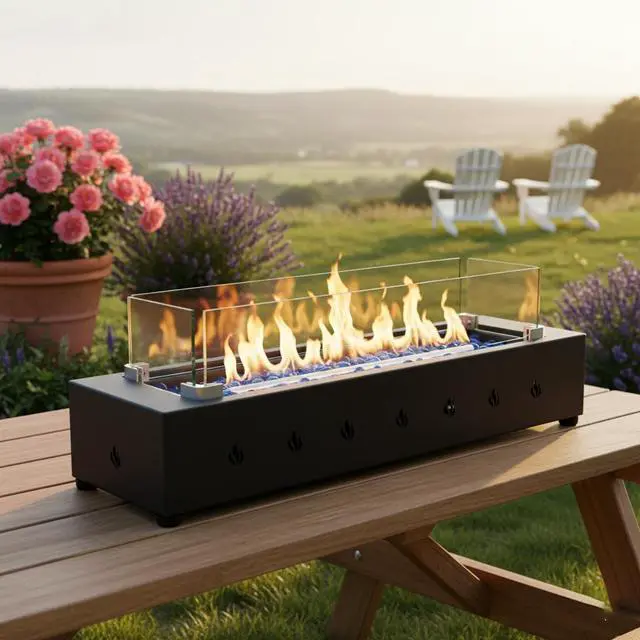 Main image of 28-Inch Rectangle Fire Pit, 40000BTU Outdoor Propane Fire Pit, Wind-Resistant Firepits, Durable Iron Stylish Glass Beads Design