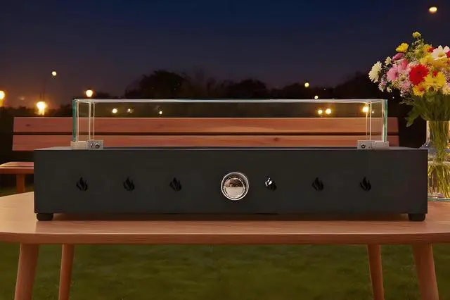 Alt view image 4 of 7 - 28-Inch Rectangle Fire Pit, 40000BTU Outdoor Propane Fire Pit, Wind-Resistant Firepits, Durable Iron Stylish Glass Beads Design