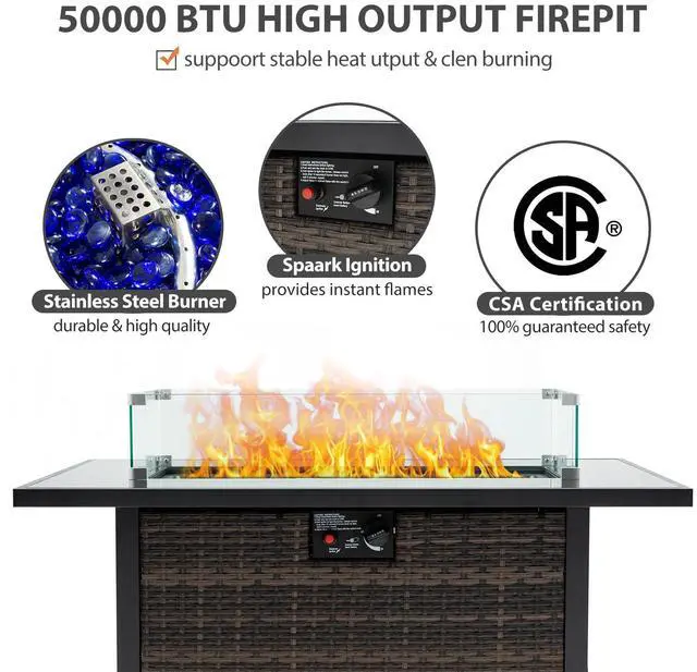Alt view image 5 of 7 - Outdoor Fire Pit 50,000 BTU Propane Gas Fire Table with Lid Fireplace with Glass Wind Guard Wicker Base for Garden, Patio, Backyard, 44"