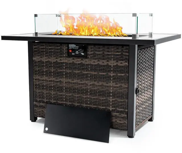 Main image of Outdoor Fire Pit 50,000 BTU Propane Gas Fire Table with Lid Fireplace with Glass Wind Guard Wicker Base for Garden, Patio, Backyard, 44"