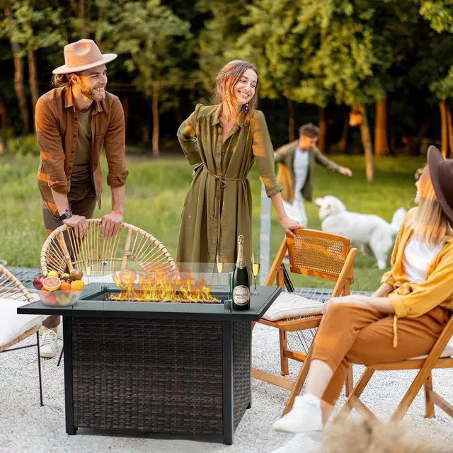 Alt view image 6 of 7 - Outdoor Fire Pit 50,000 BTU Propane Gas Fire Table with Lid Fireplace with Glass Wind Guard Wicker Base for Garden, Patio, Backyard, 44"