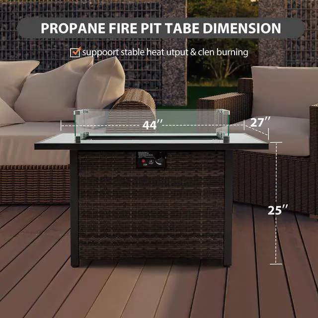 Alt view image 3 of 7 - Outdoor Fire Pit 50,000 BTU Propane Gas Fire Table with Lid Fireplace with Glass Wind Guard Wicker Base for Garden, Patio, Backyard, 44"