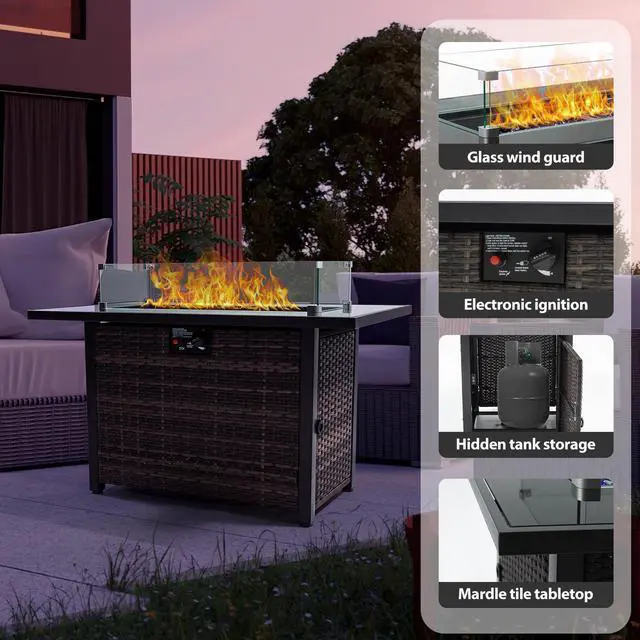 Alt view image 4 of 7 - Outdoor Fire Pit 50,000 BTU Propane Gas Fire Table with Lid Fireplace with Glass Wind Guard Wicker Base for Garden, Patio, Backyard, 44"