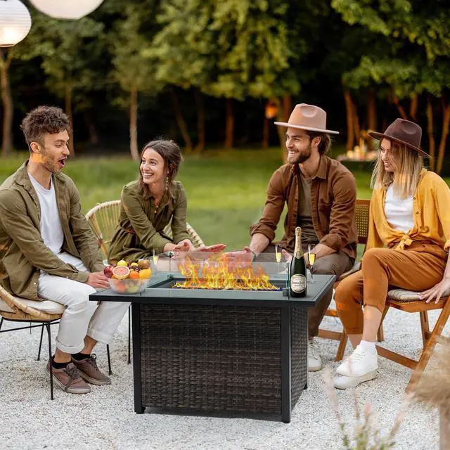 Alt view image 2 of 7 - Outdoor Fire Pit 50,000 BTU Propane Gas Fire Table with Lid Fireplace with Glass Wind Guard Wicker Base for Garden, Patio, Backyard, 44"