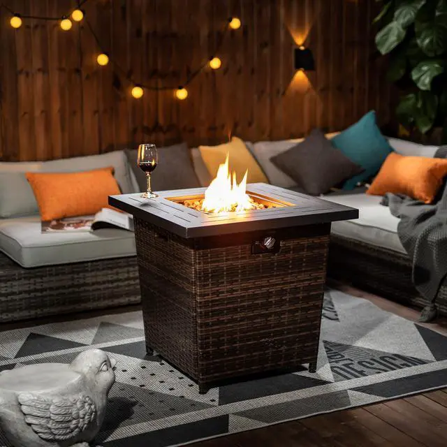 Main image of 28" Propane Gas Fire Pit Table, 50000 BTU Square Steel Fire Pit with Beautiful Wicker Base for Outside Patio Deck Garden Backyard-Black