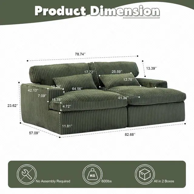 Alt view image 3 of 7 - Double Chaise Lounge Chair Indoor,Oversized Upholstered Sleeper Cloud Couch,Deep Seat Luxury Sofa Bed,Sectional Sofa Chaise Love-seat,Corduroy Reading Chair for Living Room,No Assembly Required,Green