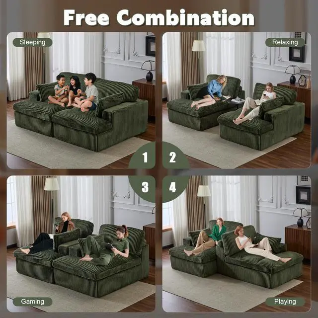 Alt view image 4 of 7 - Double Chaise Lounge Chair Indoor,Oversized Upholstered Sleeper Cloud Couch,Deep Seat Luxury Sofa Bed,Sectional Sofa Chaise Love-seat,Corduroy Reading Chair for Living Room,No Assembly Required,Green