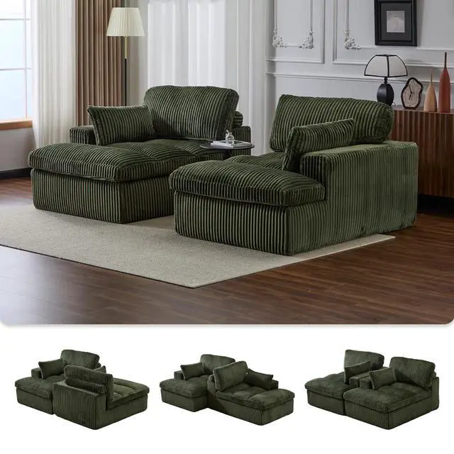 Alt view image 2 of 7 - Double Chaise Lounge Chair Indoor,Oversized Upholstered Sleeper Cloud Couch,Deep Seat Luxury Sofa Bed,Sectional Sofa Chaise Love-seat,Corduroy Reading Chair for Living Room,No Assembly Required,Green