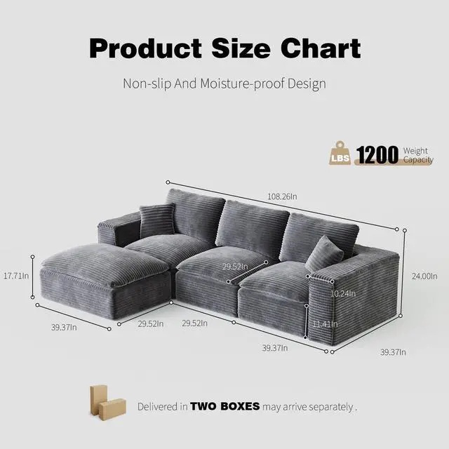 Alt view image 2 of 7 - 108" Cloud Sectional Couch with L-Shape Chaise, Left-right interchangeable,Modern Modular Sofa with Deep Seat, Upholstered Couches for Living Room Bedroom,No Assembly Required, Soft Plush Corduroy Fab