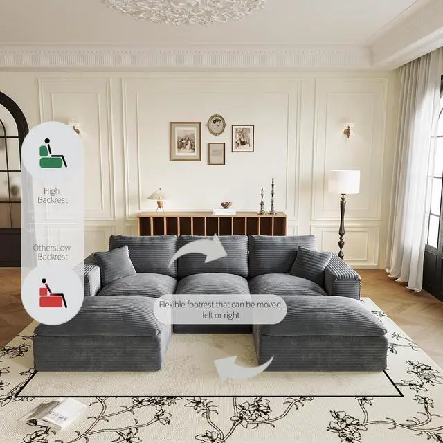 Alt view image 5 of 7 - 108" Cloud Sectional Couch with L-Shape Chaise, Left-right interchangeable,Modern Modular Sofa with Deep Seat, Upholstered Couches for Living Room Bedroom,No Assembly Required, Soft Plush Corduroy Fab