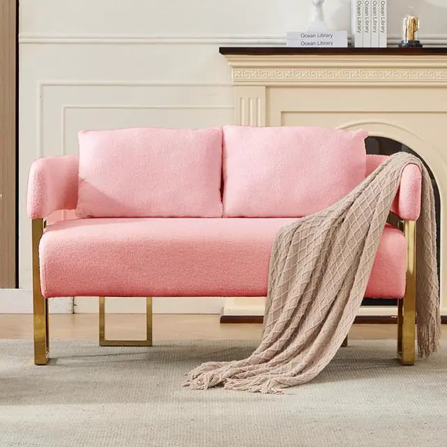 Main image of TS Modern decorative chair, living room side chair with gold metal legs, no wheels, suitable for dressing area, reception room, office,Teddy fleece upholstered metal foot sofas  Pink