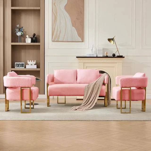 Alt view image 3 of 7 - TS Modern decorative chair, living room side chair with gold metal legs, no wheels, suitable for dressing area, reception room, office,Teddy fleece upholstered metal foot sofas  Pink