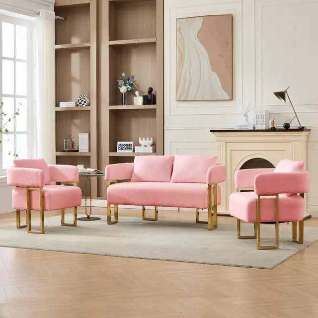 Alt view image 2 of 7 - TS Modern decorative chair, living room side chair with gold metal legs, no wheels, suitable for dressing area, reception room, office,Teddy fleece upholstered metal foot sofas  Pink