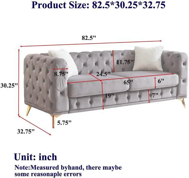 Main image of FX 82.5-inch Deluxe Velvet Sofa with Chesterfield Tufted Buttons with 2 Pillows and Metal Feet