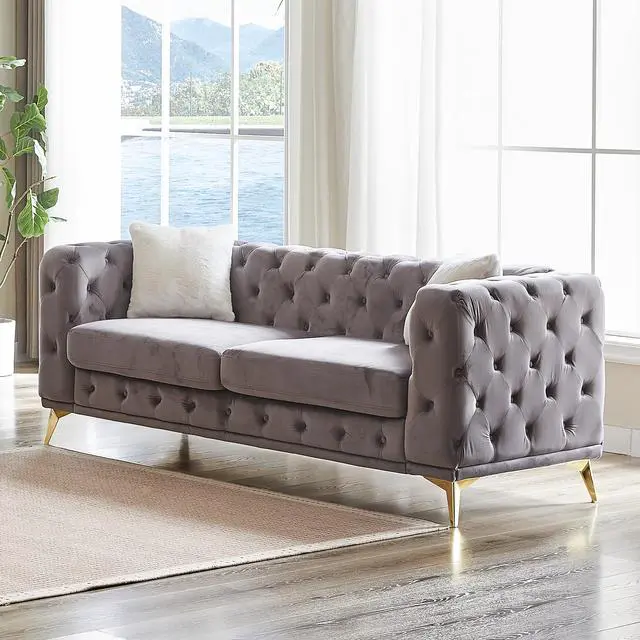 Alt view image 5 of 5 - FX 82.5-inch Deluxe Velvet Sofa with Chesterfield Tufted Buttons with 2 Pillows and Metal Feet