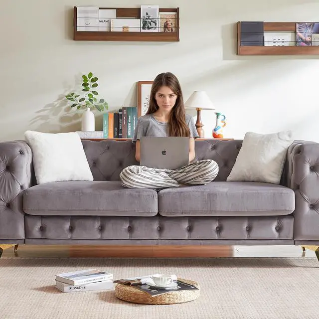 Alt view image 2 of 5 - FX 82.5-inch Deluxe Velvet Sofa with Chesterfield Tufted Buttons with 2 Pillows and Metal Feet