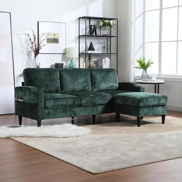 Alt view image 6 of 7 - UNITED  WE WIN Sofa for three, solid wood frame, Chenille fabric, side pocket, with two cup holders, footstool with storagestorage sofa /Living room sofa cozy sectional  sofa