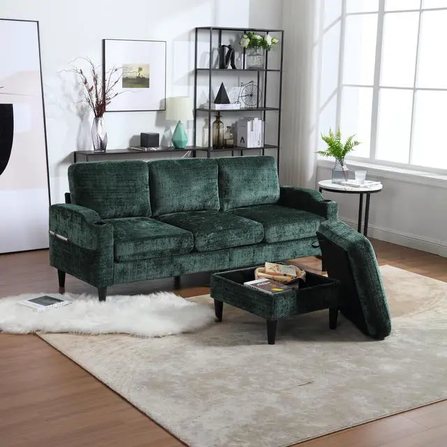 Alt view image 4 of 7 - UNITED  WE WIN Sofa for three, solid wood frame, Chenille fabric, side pocket, with two cup holders, footstool with storagestorage sofa /Living room sofa cozy sectional  sofa