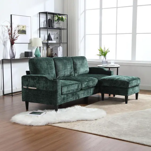 Alt view image 7 of 7 - UNITED  WE WIN Sofa for three, solid wood frame, Chenille fabric, side pocket, with two cup holders, footstool with storagestorage sofa /Living room sofa cozy sectional  sofa