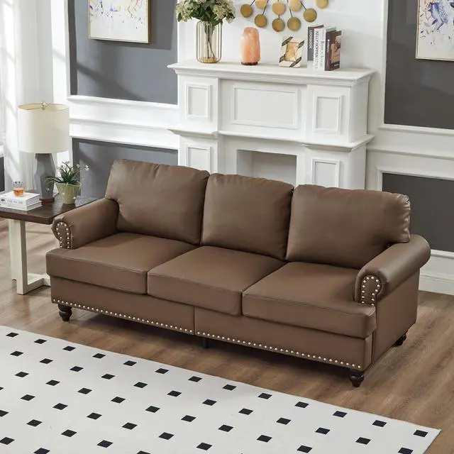 Main image of 83" Modern Classic Design with Nails Living Room Sofa Leather Couch,Upholstered Imitation Cowhide Leather Brown