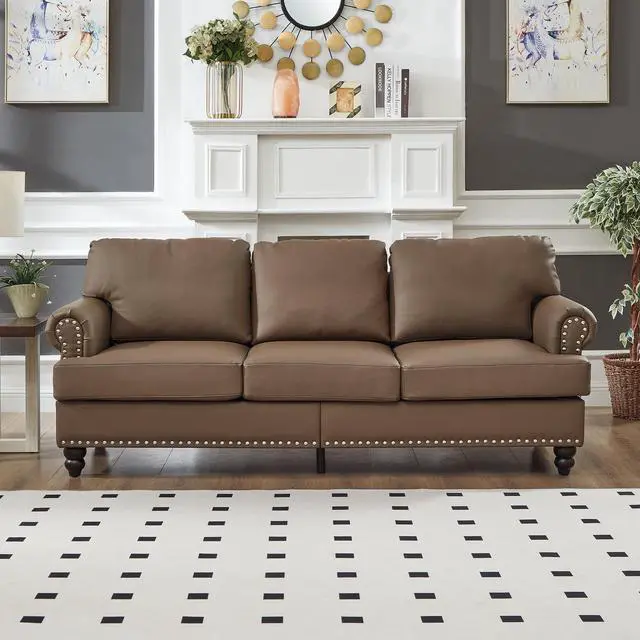 Alt view image 2 of 7 - 83" Modern Classic Design with Nails Living Room Sofa Leather Couch,Upholstered Imitation Cowhide Leather Brown