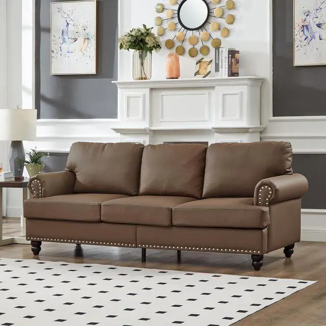 Alt view image 3 of 7 - 83" Modern Classic Design with Nails Living Room Sofa Leather Couch,Upholstered Imitation Cowhide Leather Brown