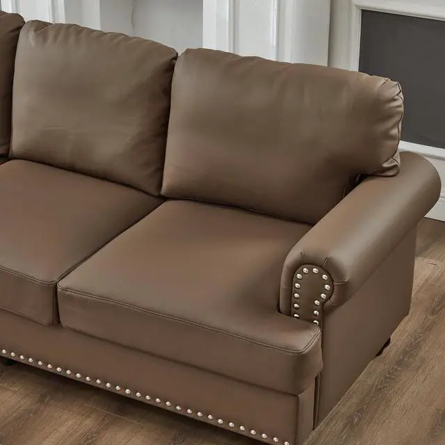 Alt view image 6 of 7 - 83" Modern Classic Design with Nails Living Room Sofa Leather Couch,Upholstered Imitation Cowhide Leather Brown