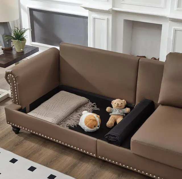 Alt view image 4 of 7 - 83" Modern Classic Design with Nails Living Room Sofa Leather Couch,Upholstered Imitation Cowhide Leather Brown