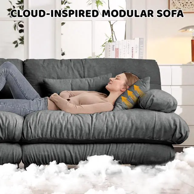 Alt view image 5 of 7 - Cloud Couch Sectional Sofa for Living Room, Chenille 2 Seater Sofa with 2 Lumbar pillows and 2 throw pillows , Upholstered Wide Arm Sofa with Convertible Ottoman,Chenille Gray