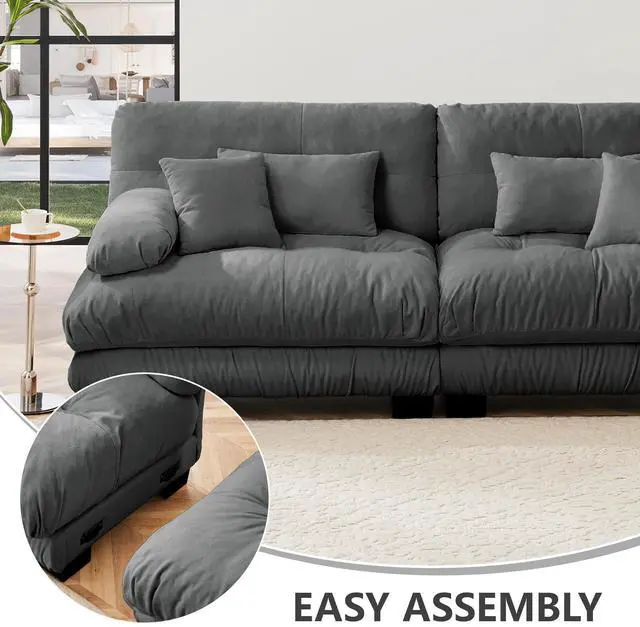 Alt view image 6 of 7 - Cloud Couch Sectional Sofa for Living Room, Chenille 2 Seater Sofa with 2 Lumbar pillows and 2 throw pillows , Upholstered Wide Arm Sofa with Convertible Ottoman,Chenille Gray