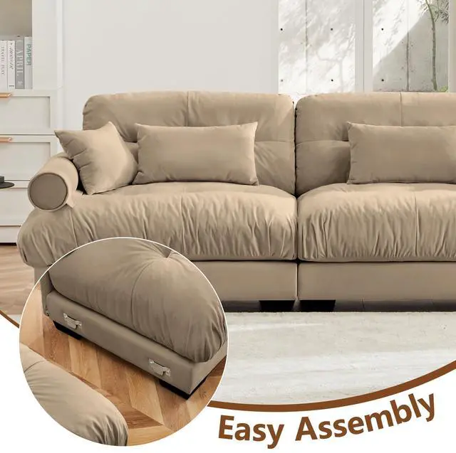 Alt view image 5 of 7 - Large Size Modern Two-seater Sofa with Bolstered Armrests,Velvet 2-Seater Sofa With Waist Pillows and Throw Pillows , Suitable for Living Room , Loft, Working Spaces , Hallway and Bedroom,Camel