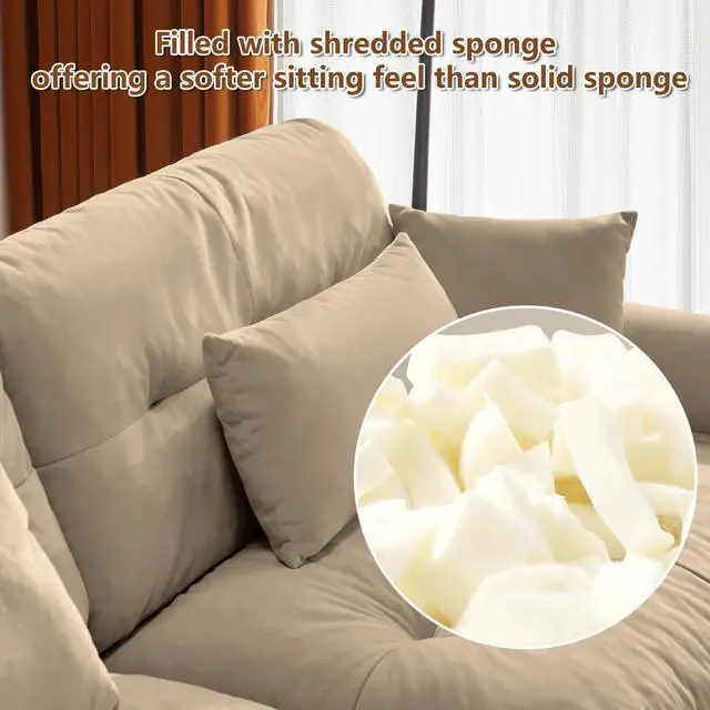 Alt view image 7 of 7 - Large Size Modern Two-seater Sofa with Bolstered Armrests,Velvet 2-Seater Sofa With Waist Pillows and Throw Pillows , Suitable for Living Room , Loft, Working Spaces , Hallway and Bedroom,Camel