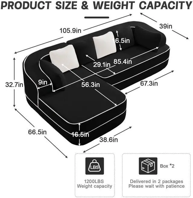 Alt view image 4 of 7 - 106" Teddy Fabric No Assembly 32D High Density sponge Boneless Sofa,Contrast color design,Fluffy Comfy Couch with L-Shaped Chaise,for Living Room,Black