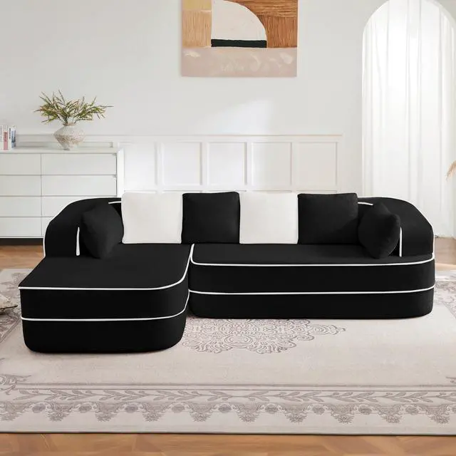 Alt view image 3 of 7 - 106" Teddy Fabric No Assembly 32D High Density sponge Boneless Sofa,Contrast color design,Fluffy Comfy Couch with L-Shaped Chaise,for Living Room,Black