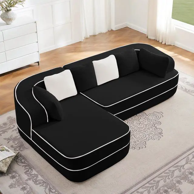 Alt view image 2 of 7 - 106" Teddy Fabric No Assembly 32D High Density sponge Boneless Sofa,Contrast color design,Fluffy Comfy Couch with L-Shaped Chaise,for Living Room,Black