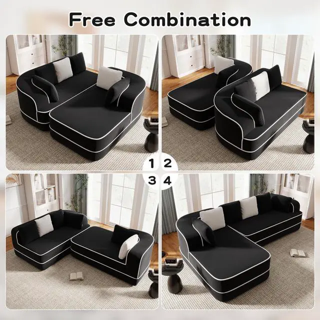 Alt view image 6 of 7 - 106" Teddy Fabric No Assembly 32D High Density sponge Boneless Sofa,Contrast color design,Fluffy Comfy Couch with L-Shaped Chaise,for Living Room,Black