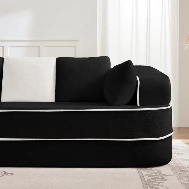 Alt view image 7 of 7 - 106" Teddy Fabric No Assembly 32D High Density sponge Boneless Sofa,Contrast color design,Fluffy Comfy Couch with L-Shaped Chaise,for Living Room,Black