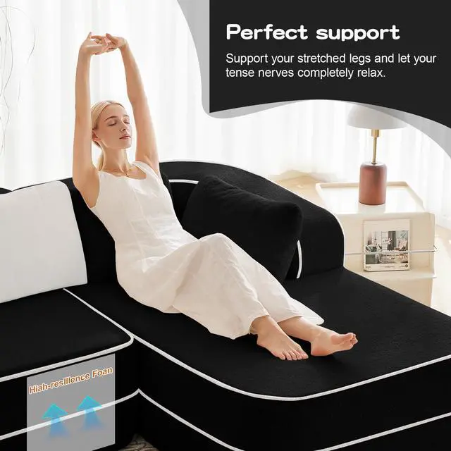 Alt view image 6 of 7 - 106" Teddy Fabric No Assembly 32D Boneless Sofa,Contrast color design,Fluffy Comfy Couch with L-Shaped Chaise,for Living Room,Black