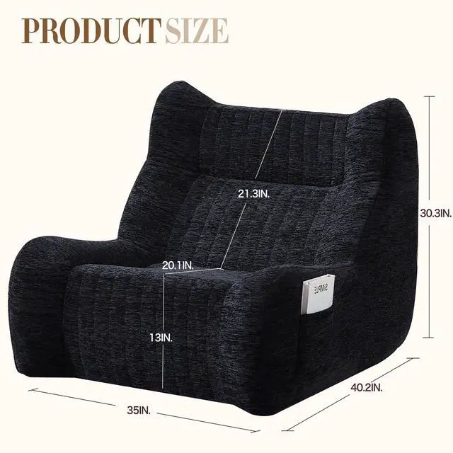 Main image of Bean Bag Chair for Adults with Armrests - Oversized Comfy Beanbag Lounge Lazy Floor Sofa Accent Chair for Living Room, Bedroom (Black)