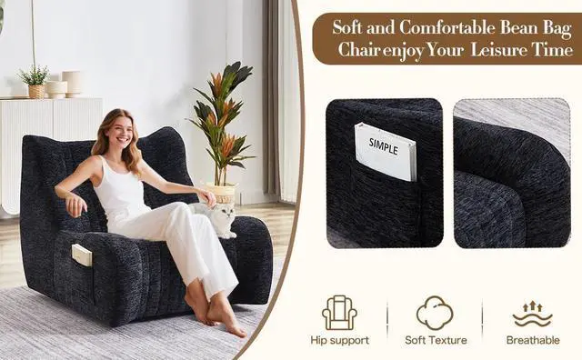 Alt view image 6 of 6 - Bean Bag Chair for Adults with Armrests - Oversized Comfy Beanbag Lounge Lazy Floor Sofa Accent Chair for Living Room, Bedroom (Black)