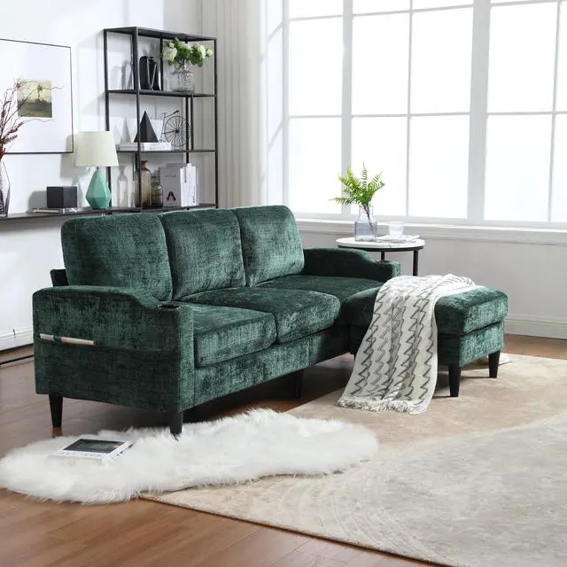 Alt view image 3 of 7 - UNITED  WE WIN Sofa for three, solid wood frame, Chenille fabric, side pocket, with two cup holders, footstool with storagestorage sofa /Living room sofa cozy sectional  sofa