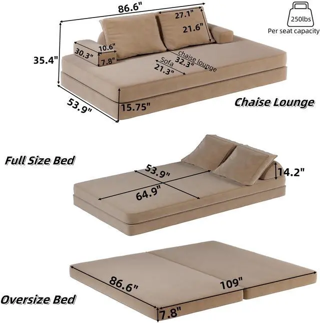 Alt view image 2 of 7 - 86.6"Multifunctional Convertible Sofa Bed w/ 2 Removable Backrests and 2 Pillows,Fluffy Chenille Fabric Sofa,Chaise Lounge,Game Pad,DIY Modern Upholstered Couch,Deep Seat Couch for Living Room,Office