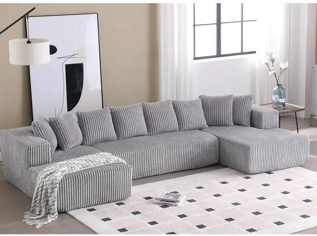 Alt view image 3 of 7 - [NEW ARRIVED] [VIDEO PROVIDED]133.45'' Modular Sectional Couch, U-shaped sofa , Chaise Lounge, Striped fabric,Upholstered 4 Seater Couch for Living Room, Free Combination Sofa (Corduroy), Gray