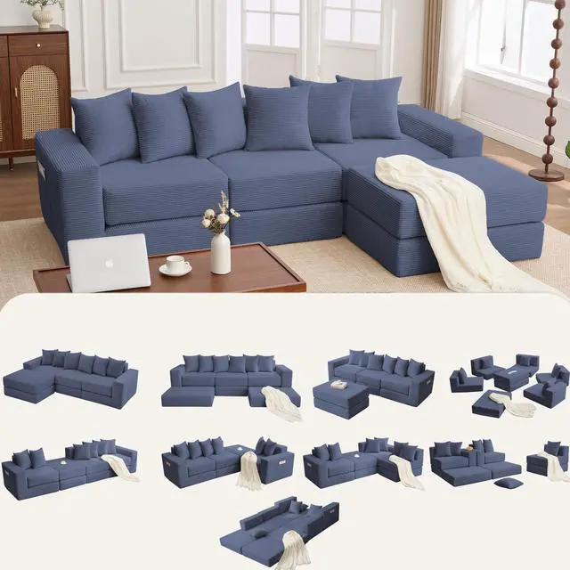 Main image of [NEW ARRIVED] [VIDEO PROVIDED]10-in-1 Convertible Sofa Sectional ,Corner Couch , Convertible Floor Sleeper Sofa,Corduroy,Side Pocket,No Assembly,DIY,L Shaped Modular Sofa,6 Pillows,Blue