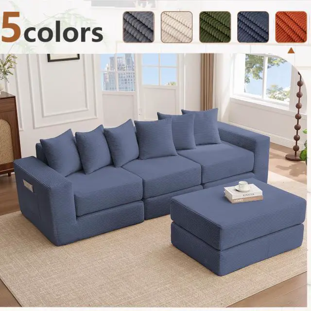 Alt view image 3 of 7 - [NEW ARRIVED] [VIDEO PROVIDED]10-in-1 Convertible Sofa Sectional ,Corner Couch , Convertible Floor Sleeper Sofa,Corduroy,Side Pocket,No Assembly,DIY,L Shaped Modular Sofa,6 Pillows,Blue